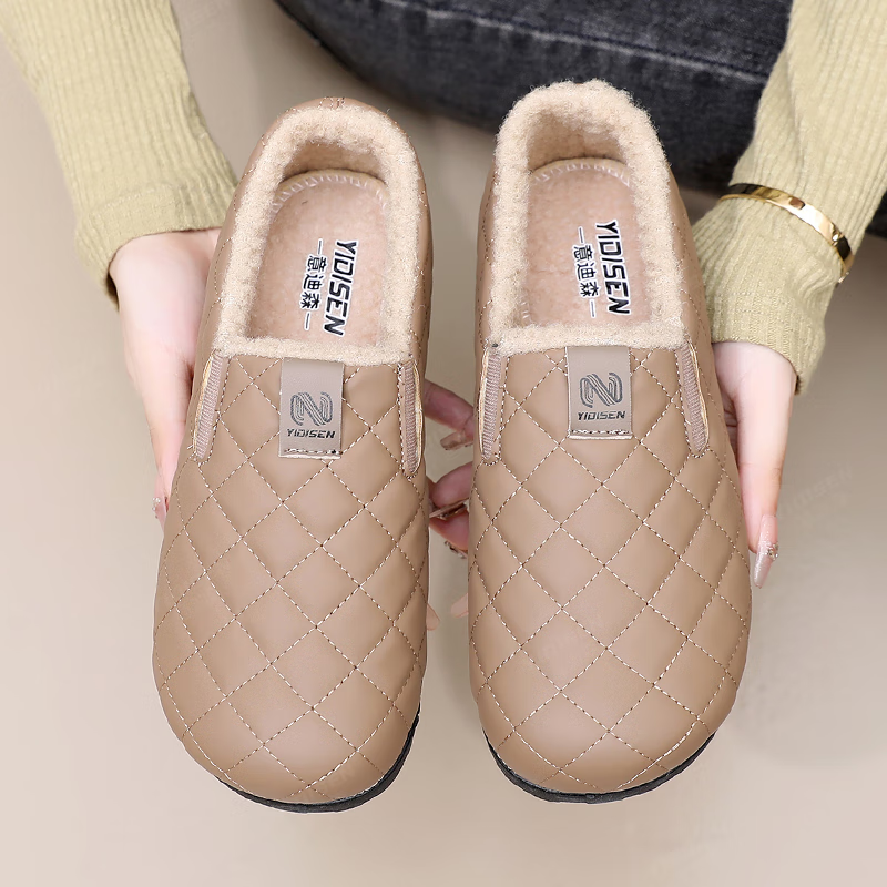 意迪森冬季女新款加绒保暖一脚蹬软底防滑二棉豆豆鞋防水中老年妈妈棉鞋 咖啡色 加绒 37 (235mm)