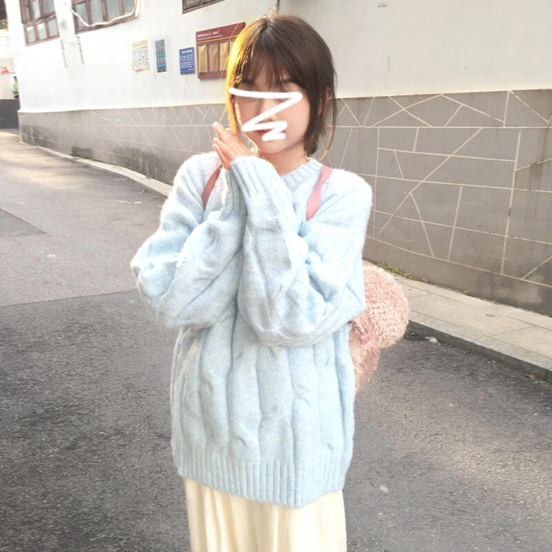 翊尚美软糯毛衣女秋冬2025年新款休闲外穿圆领上衣慵懒风宽松套头针织衫 天蓝色 【升级软糯面料】 均码 【适合80-140斤】