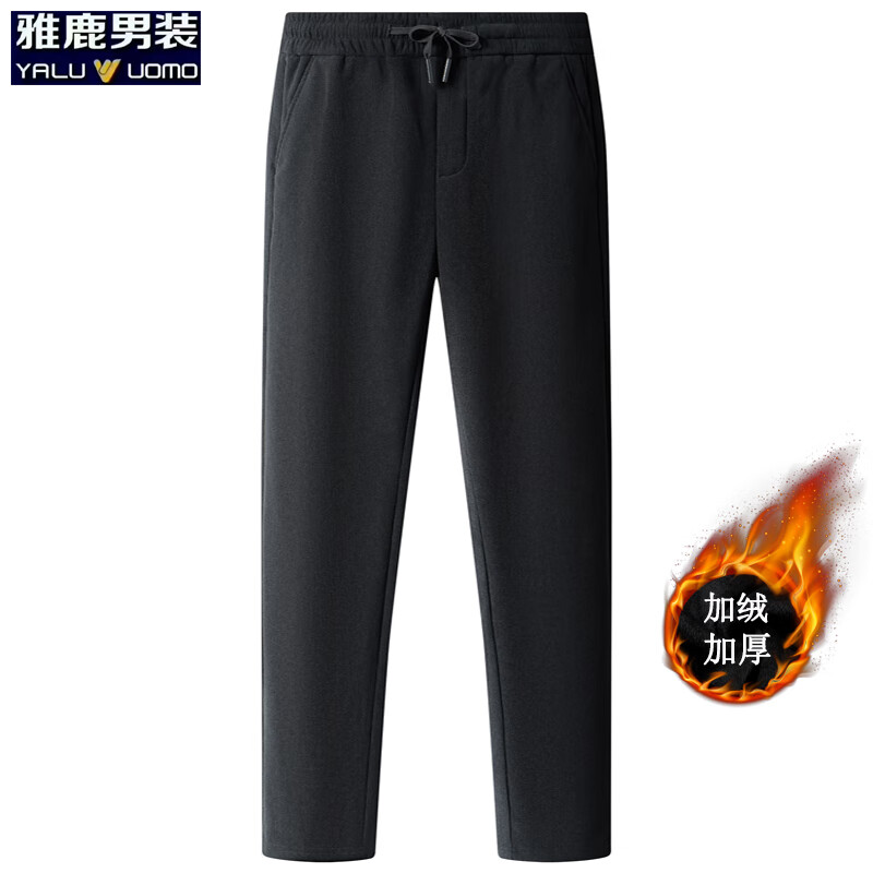 雅鹿休闲裤男2026冬季新款灯芯绒直筒弹力商务休闲裤 黑色-加绒加厚 2XL (建议150-170斤)