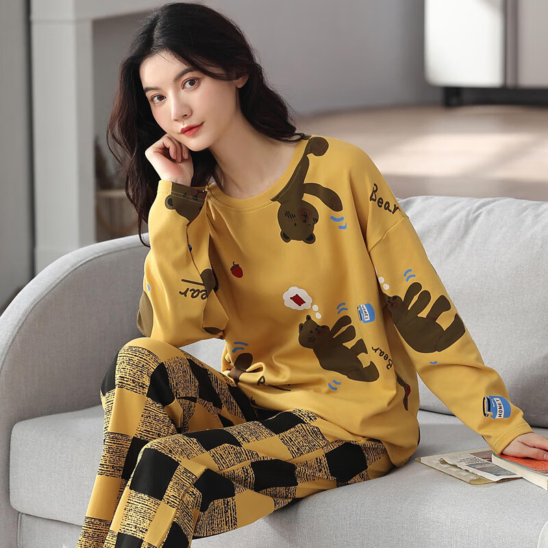 松山棉店春秋季睡衣女士大尺碼可愛長袖韓版寬松學生套裝可外穿夏秋冬家居 黃色_Y99663 M (建議75-95斤)