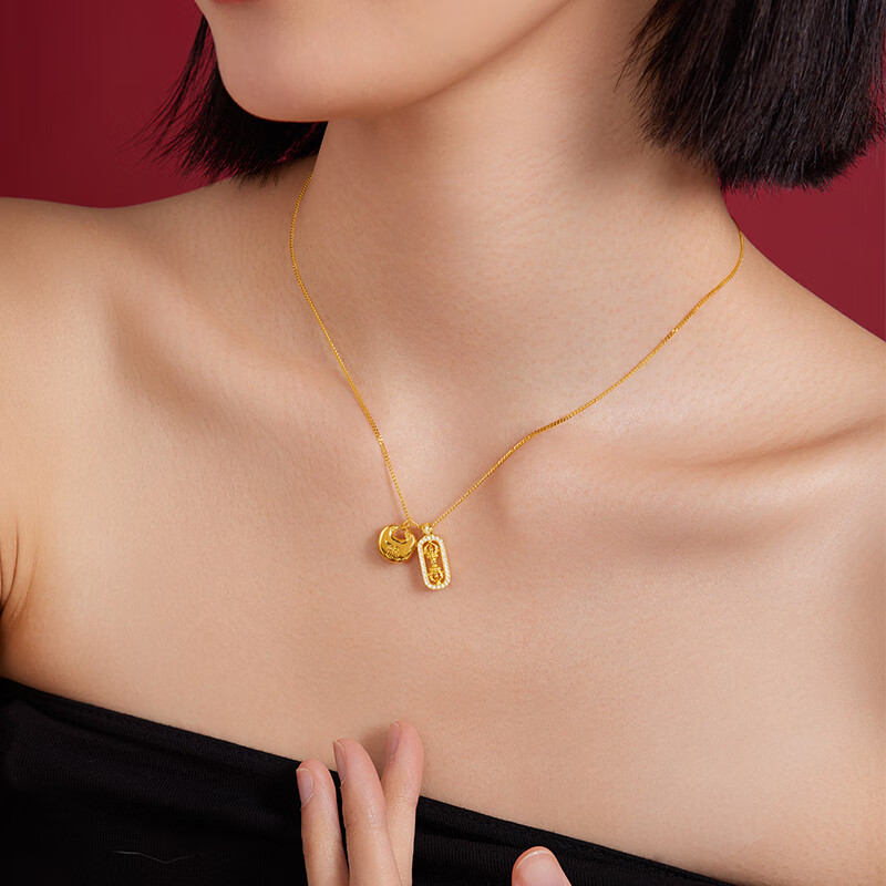 六桂福珠宝S925银黄金色项链女胖福锁包金刚杵吊坠套链生日礼物女生 链长41cm+尾链5cm