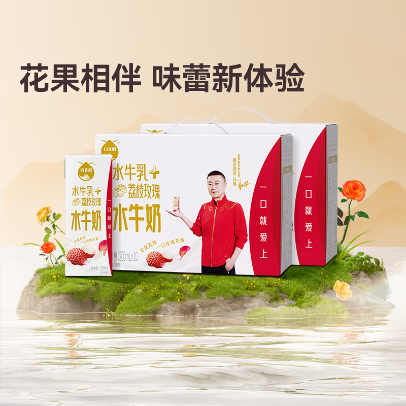 百菲酪玫瑰荔枝水牛风味乳 口感顺滑 营养早餐 牛奶 下午茶 中秋送礼 200ml*10盒*2箱（荔枝玫瑰）