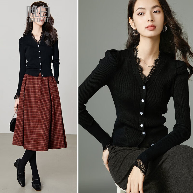 晚白【断码清仓】2026春季法式蕾丝V领上衣气质时尚百搭短针织开衫女 黑色 M