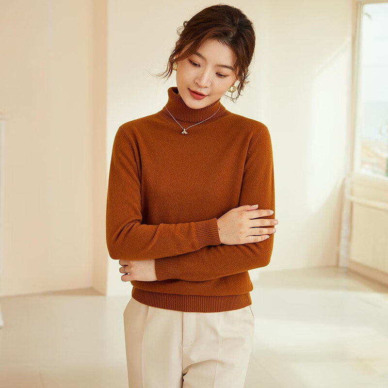 恒源祥高领纯羊毛衫女秋冬季纯色两翻领套头毛衣内搭保暖打底女式针织衫 金棕色 M /165/88A