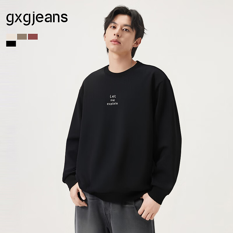 gxgjeans男装 多色字母绣花休闲基础圆领卫衣男生 25年秋新品 黑色 L (175)