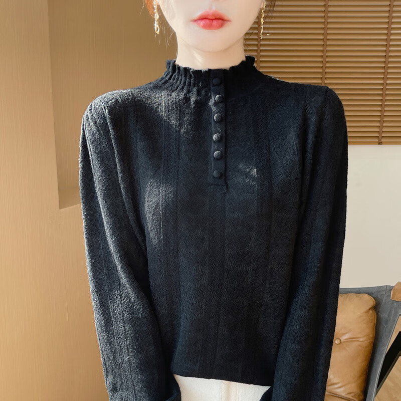 香影芬2025秋冬新款蕾丝荷叶花边领针织打底衫女宽松减龄半高领加厚毛衣 白色 L (建议105-115斤)