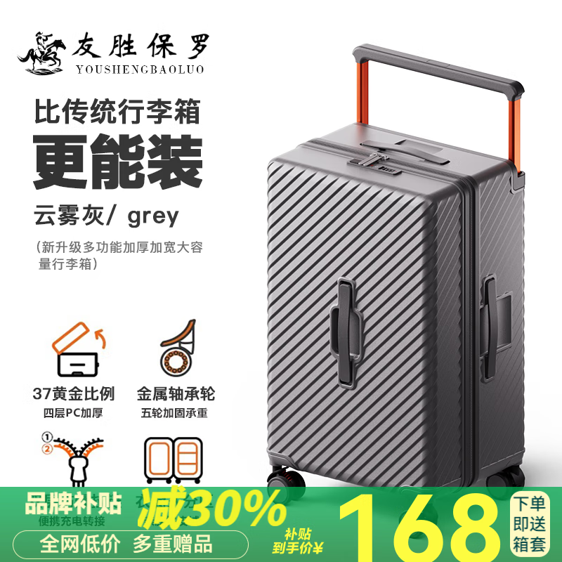 友胜保罗行李箱宽拉杆大容量结实耐用加厚旅行箱红色结婚密码箱皮箱拉杆箱 云雾灰【双层防爆拉链】 28英寸 【大容量装秋冬服饰】