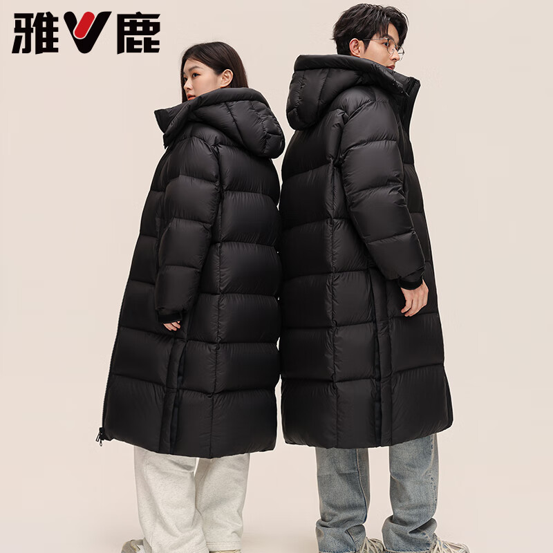 雅鹿情侣泡芙长款羽绒服男女2025新款加厚可拆卸连帽东北抗寒保暖外套 黑色 L 【推荐120-140斤】