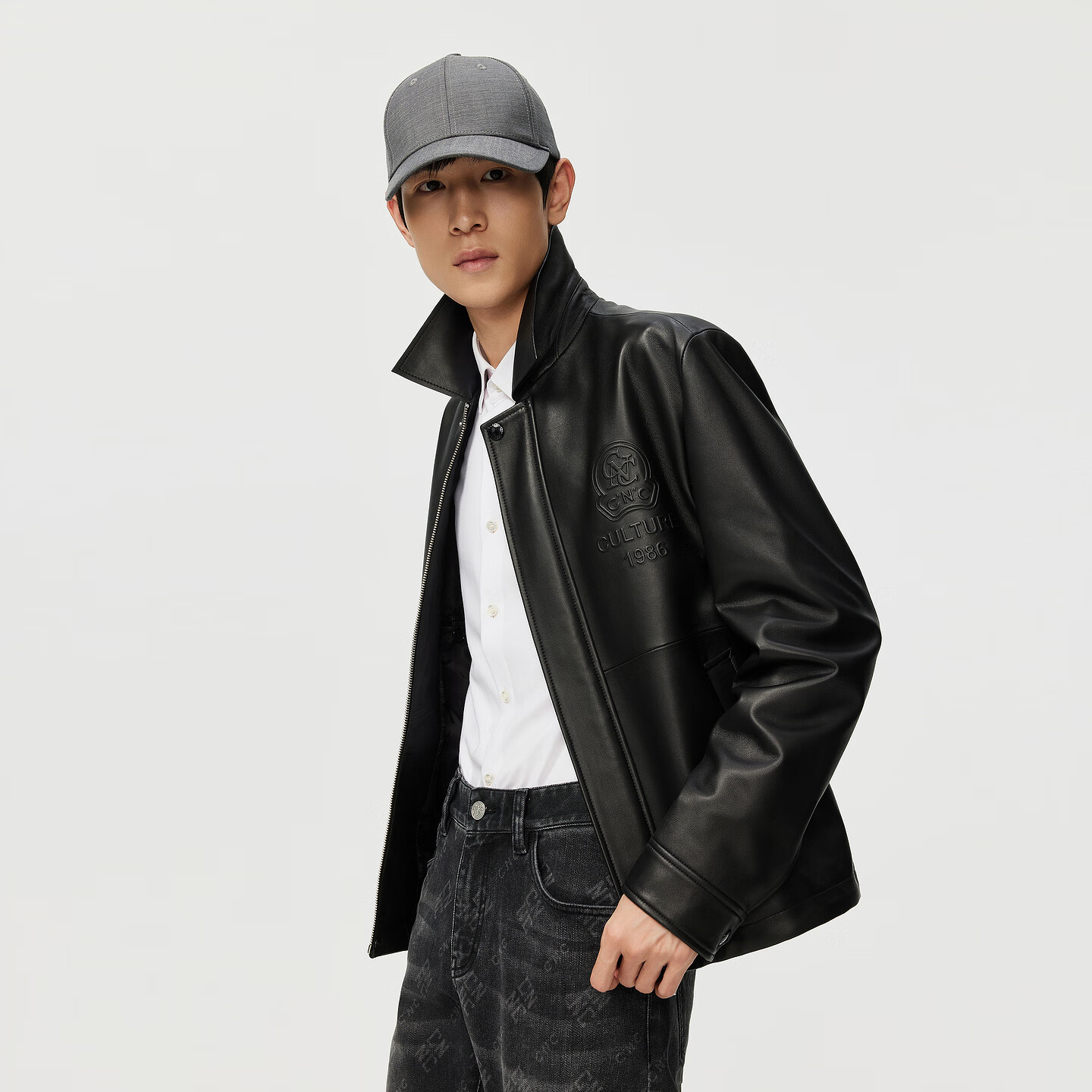 C'N'C【轻奢男装】CNC25秋新款翻领皮衣外套品牌压凸logo夹克男 黑色 54 /XL/(185/100A)