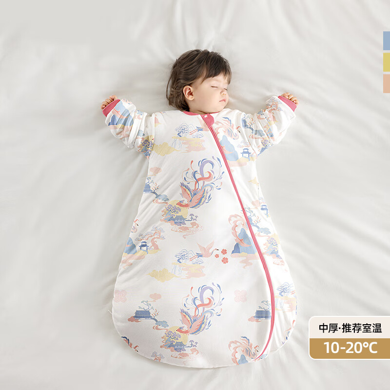贝肽斯肽柔婴儿睡袋春秋新生儿防踢被一体恒温标宝宝大码四季防惊跳睡袋 秋冬中厚-竹棉(10-20℃）凤鸾 M码 65-85cm（建议9个月-2岁）
