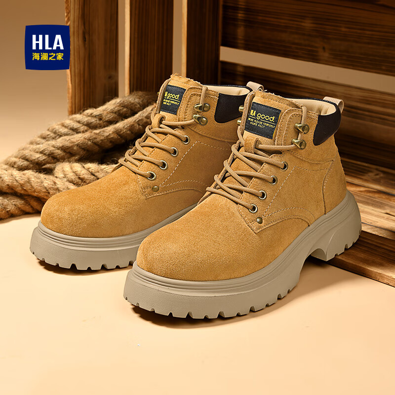 海澜之家（HLA）马丁靴男复古潮流大黄靴高帮工装鞋子男HAAGZM4EAU144 土黄41