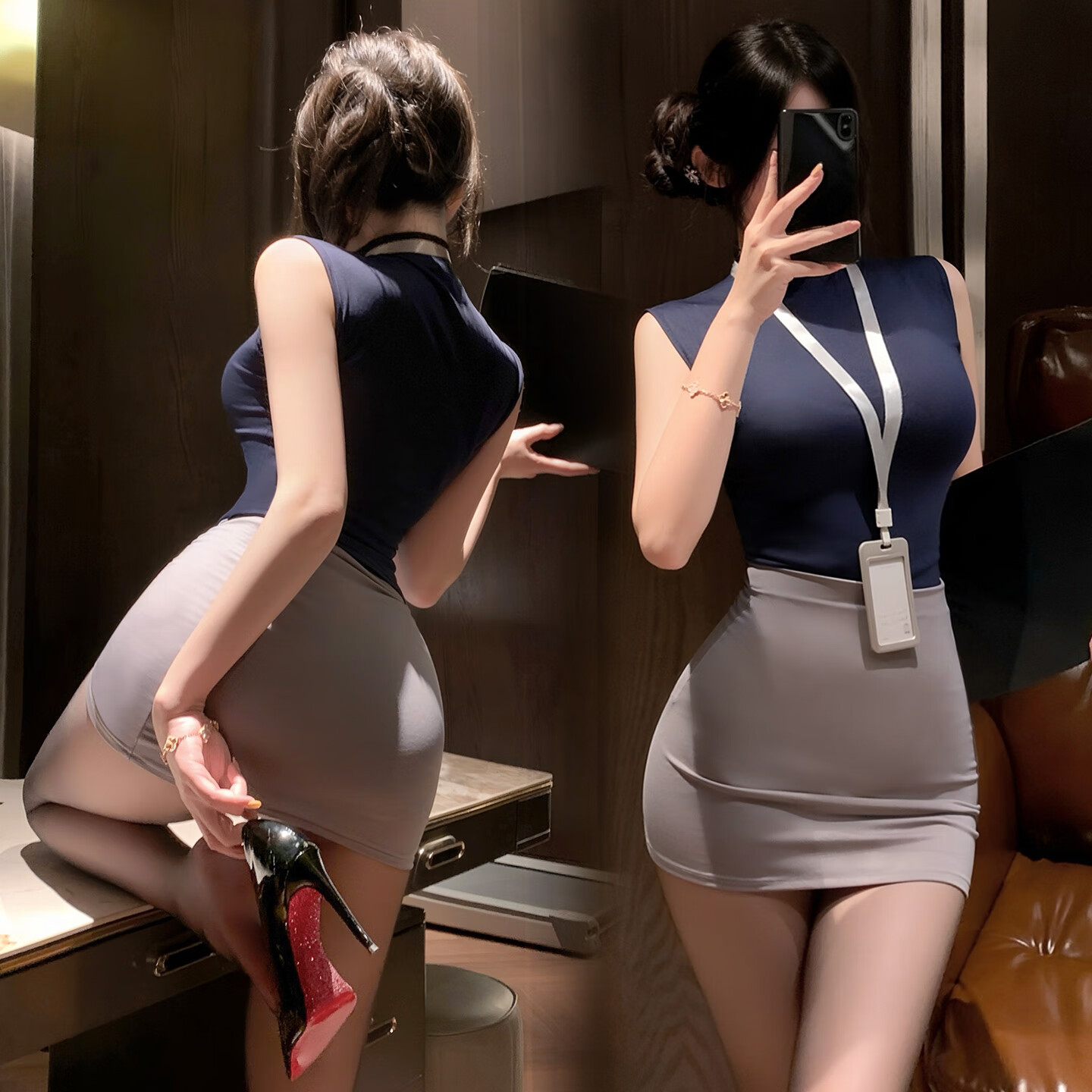 霏慕情趣秘书制服ol职业套装包臀裙装内衣性感夫妻刺激诱惑新款商务 蓝灰【上衣+包臀裙+T裤+工牌】 均码【请根据尺码快选表推荐购买】