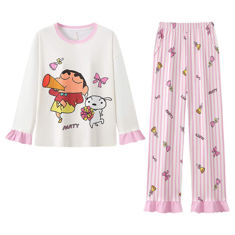 宫蝶【轻柔软】蜡笔小新睡衣女春秋款长袖卡通可爱家居服套装可外穿