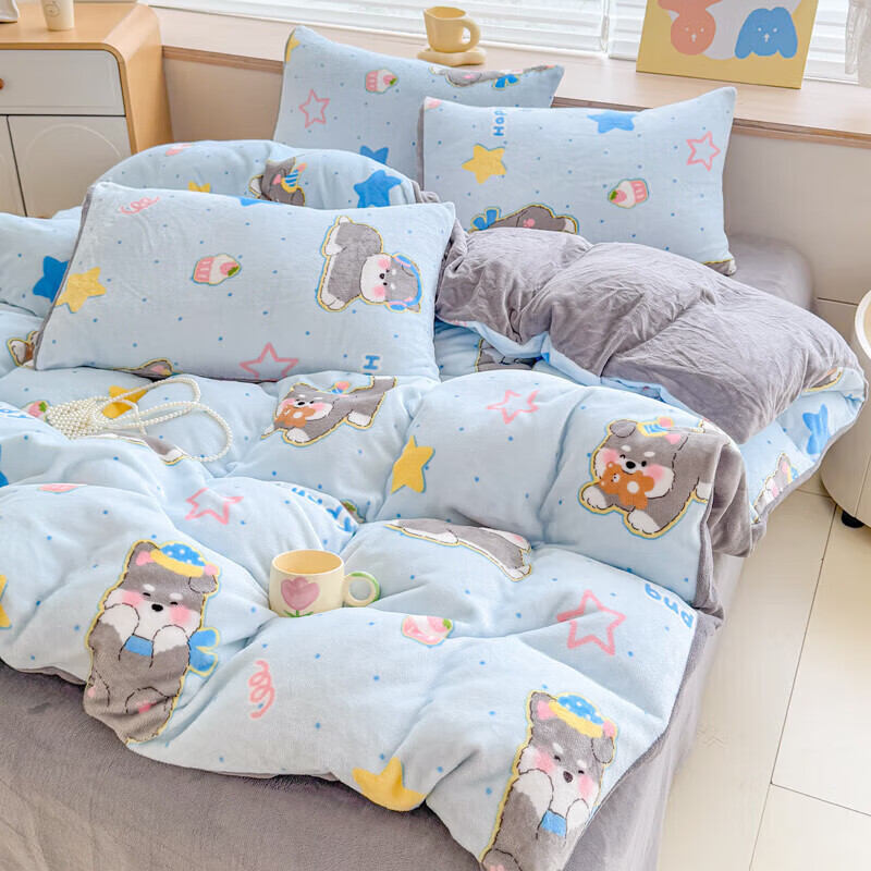 软贝小清新牛奶绒床上四件套保暖毛绒床单被套学生宿舍秋冬款三件套 布丁狗 床单款 2.0m  被套200*230cm 四件套