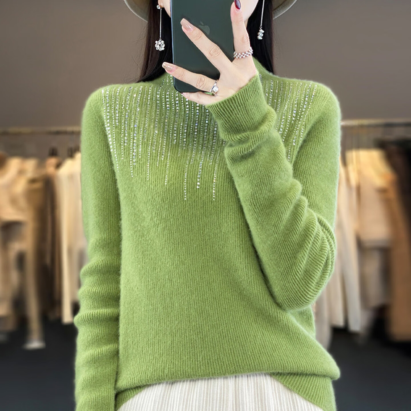 香影芬半高领镶钻秋冬毛衣女2025新款一线成衣毛衣修身显瘦打底衫针织衫 原绒米 2XL (建议125-135斤)