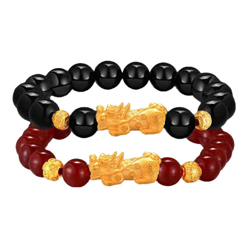千葉珠寶貔貅黃金手鏈足金紅黑瑪瑙男女款轉(zhuǎn)運手串新年禮物情侶計價 金重約1.43g/紅瑪瑙/鏈長約17cm 支持多退少補