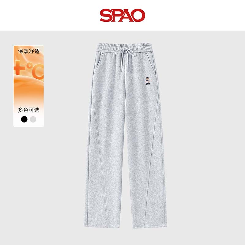 SPAO加绒阔腿香蕉裤男女2025冬季新款高腰保暖直筒休闲裤SPCK25AK02XY 灰#SP象牙熊-贴布绣 S