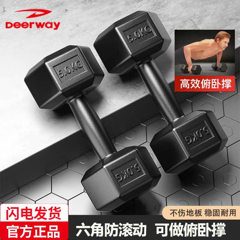 德尔惠哑铃环保包胶六角防滚动手铃男士学生练臂肌家用健身器材浸塑 10公斤一对=5kg*2 包胶六角哑铃