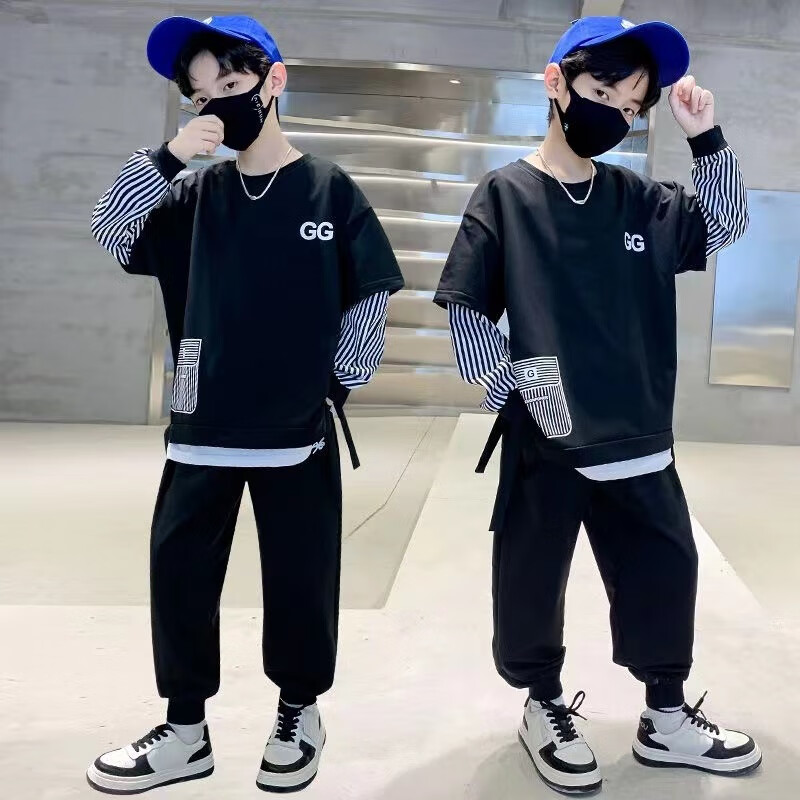 G.duck小黄鸭男童套装春秋装2025新款儿童帅气衣服宝宝秋季网红洋气卫衣 【超火超划算】黑套装 110 码建议身高100-110cm