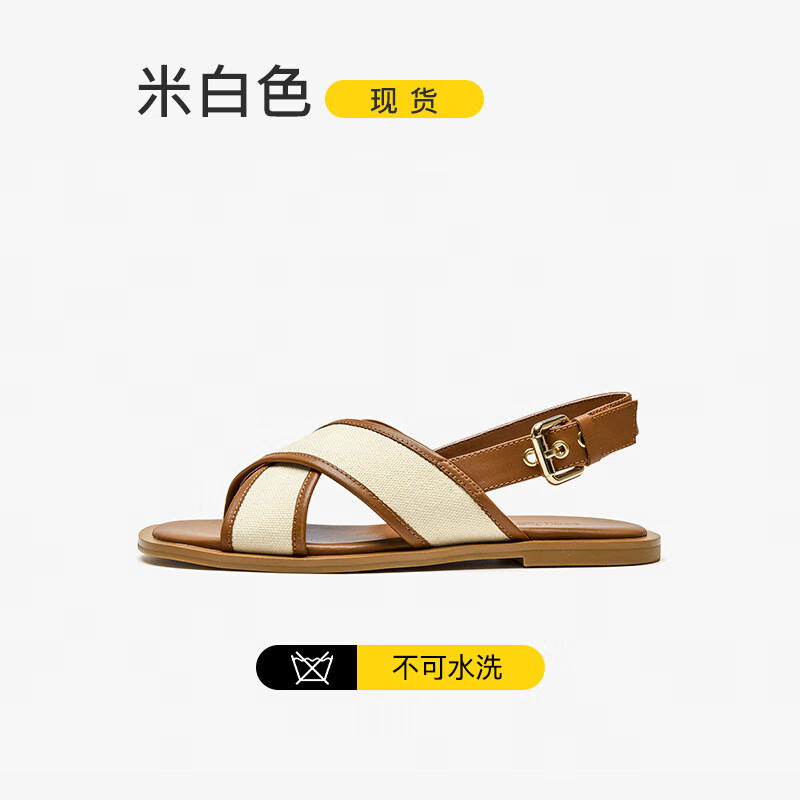 BEAUTODAY名人同款Beautoday羅馬涼鞋女夏季平底時(shí)尚涼鞋BT 【交叉版】米白色(不可水洗)現貨 35