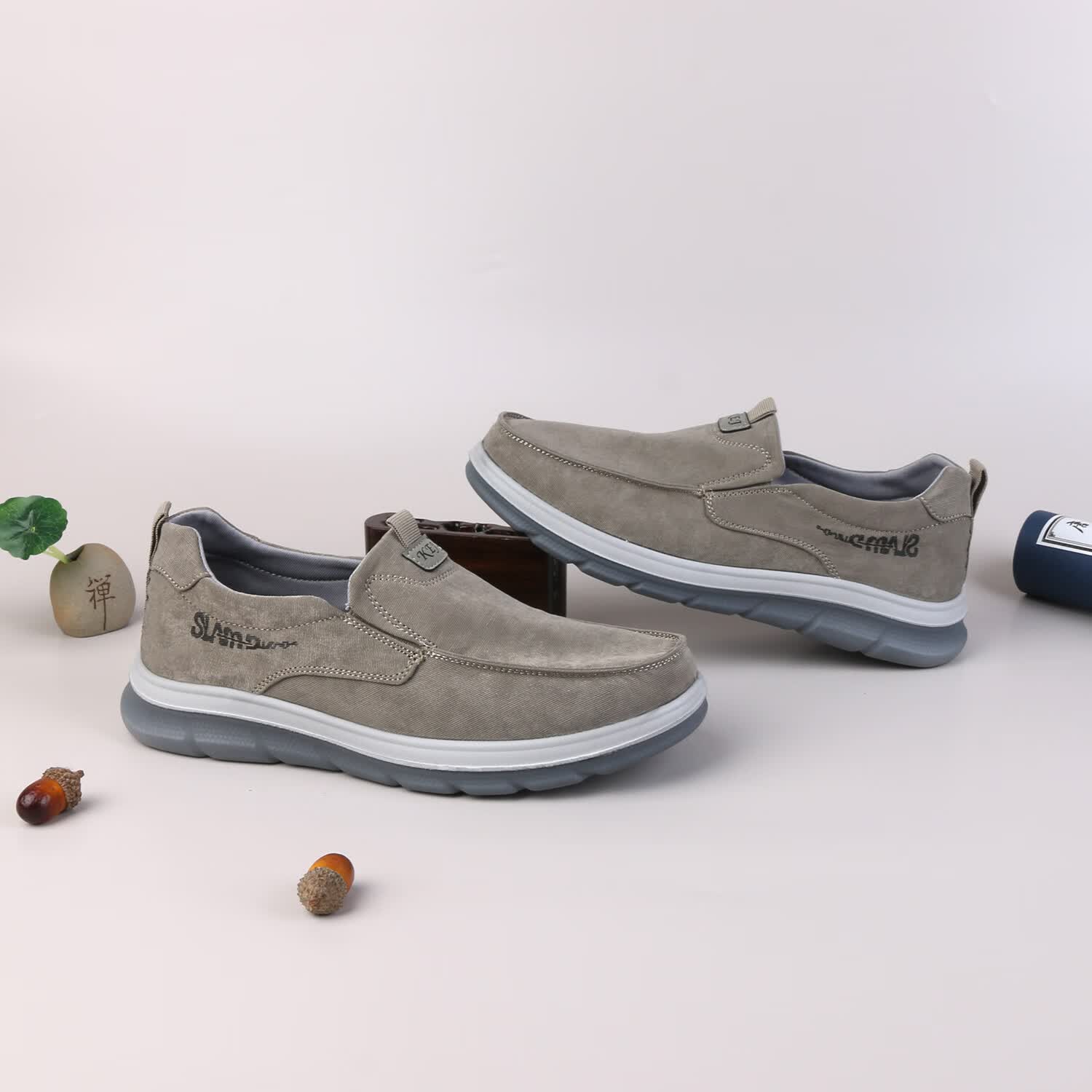 步瀛斋青中年透气休闲一脚蹬男士布鞋轻便软底防滑老北京布鞋男开车通勤 卡其 42
