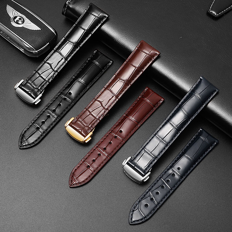 适用于OMEGA欧米茄表带男原装真皮鳄鱼皮蝶飞海马Omega手表带 蓝色-金扣【折叠款】 21mm【表盘接口】