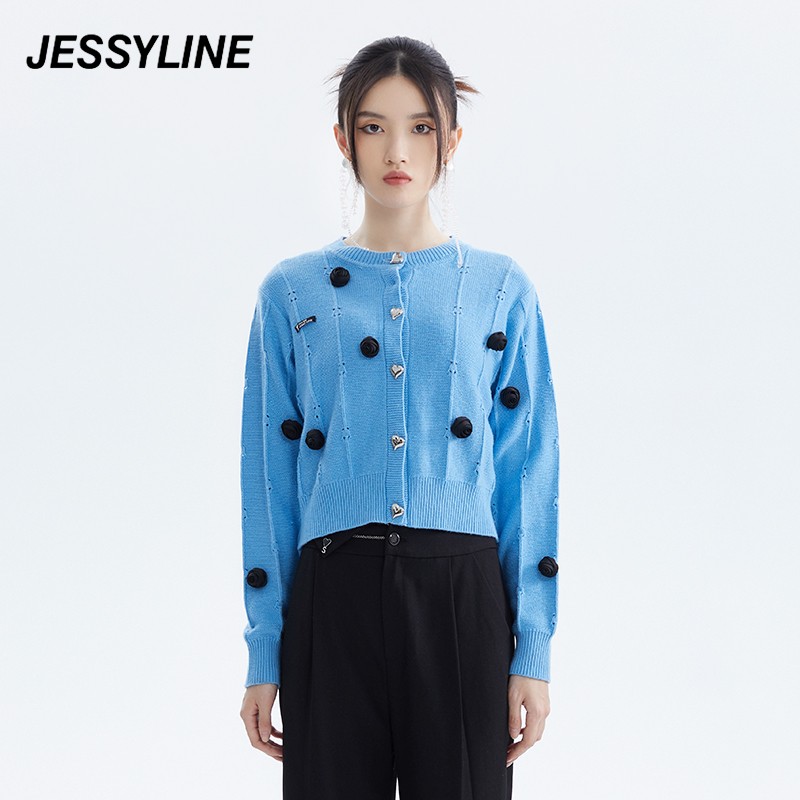 jessy line秋季专柜款 杰茜莱时尚拼贴针织开衫女 232104050 蓝色 s