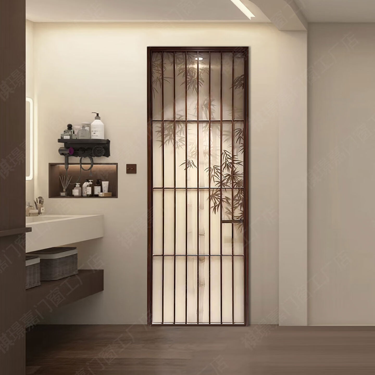 运猫法式覆古竹影玻璃卫生间门宋代美学钛镁合金厨房厕所门新中式屏风