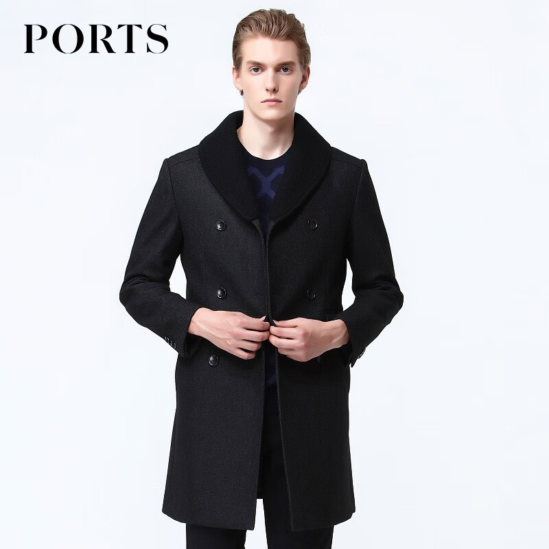 ports宝姿男装双排扣混纺中长毛呢大衣外套男mv9c025bwf023 black mix
