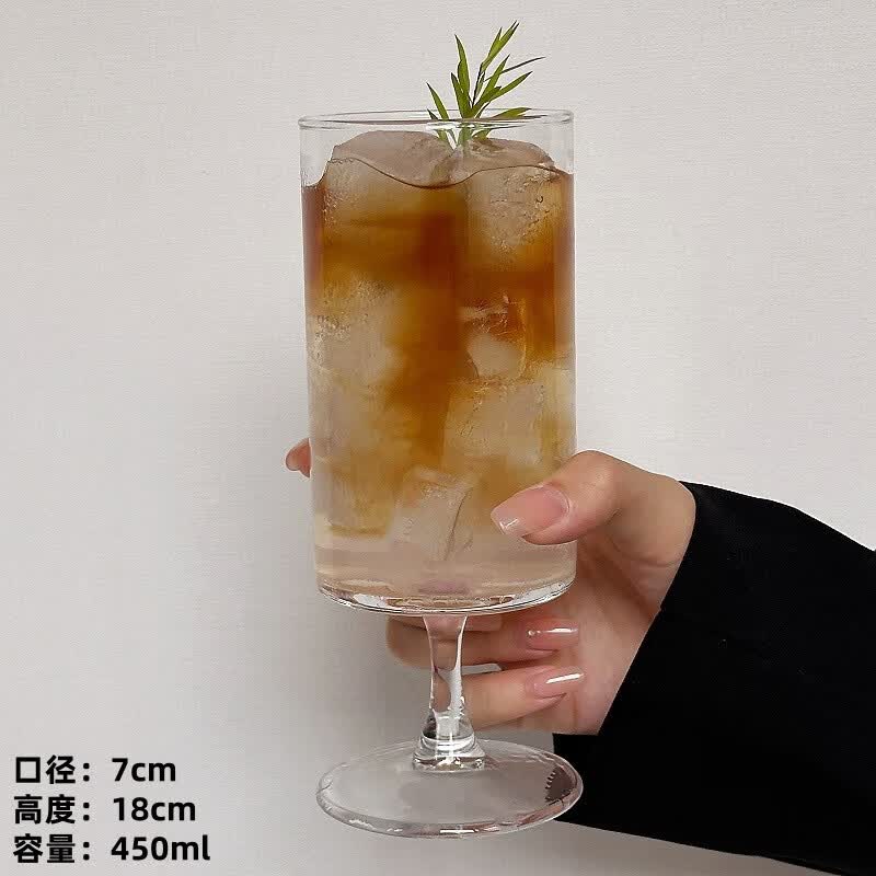 复古冰美式拿铁咖啡杯竖纹高脚杯果汁杯气泡水杯鸡尾酒杯 高脚直筒杯【光身】 450ml