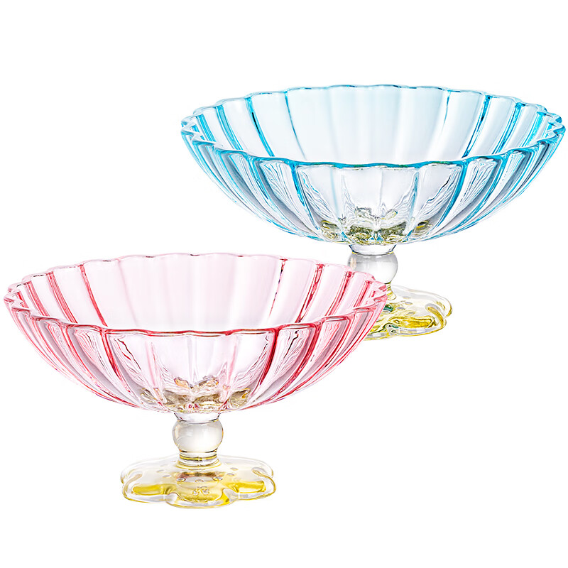 NERVISHI云朵玻璃斗笠果盘家用客厅高脚水果盘高端精致干果盘零食摆放盘子 花开半朵斗笠果盘【混色】6.5英寸*2