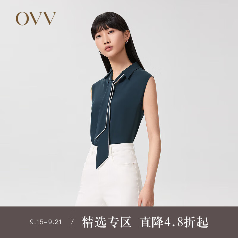 OVV【重磅真丝】OVV2022春夏新款女装19MM双乔飘带无袖衬衫 藏青02 S