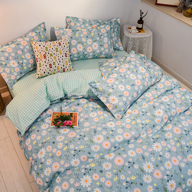 软贝 小清新四件套 透气亲肤 印花卡通简约田园套件被套床单床上用品 朵朵情怀-绿 2.0m 床单款 四件套(被套200*230cm)