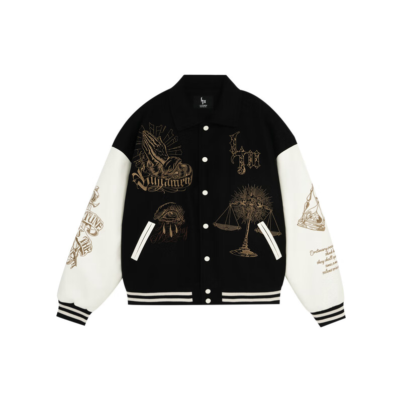 鹿家门原创毛呢加厚棒球服男士春秋重工运动外套宽松大码保暖棉服 黑色（常规款） 2XL 推荐180-220斤