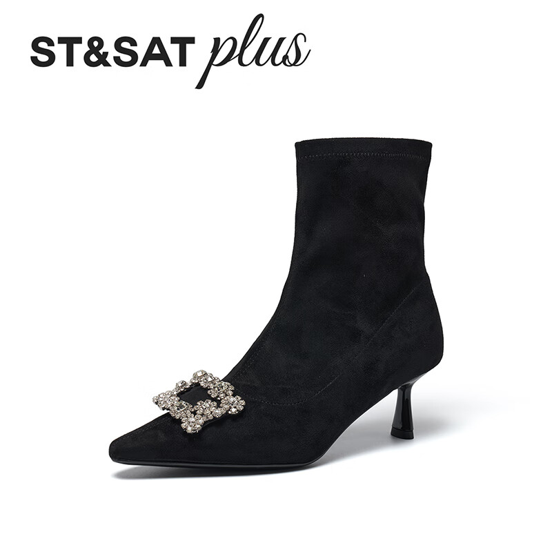 星期六（St&Sat）女靴冬季新款时尚尖头方扣装饰细跟高跟短靴 黑色 38