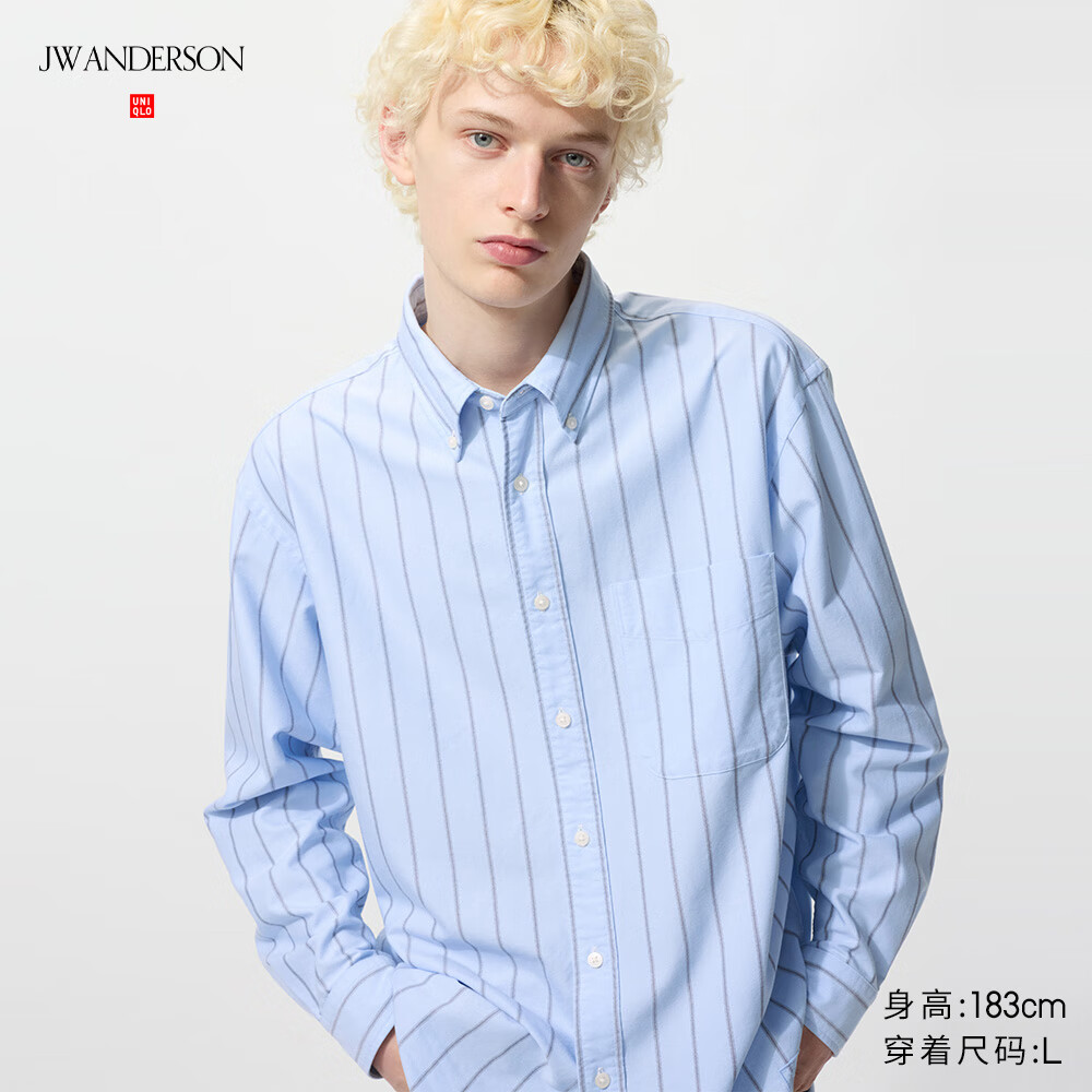 优衣库合作款/男装女装牛津纺宽松条纹衬衫/长袖衬衣25秋冬480802 60 浅蓝色 M /170/92A
