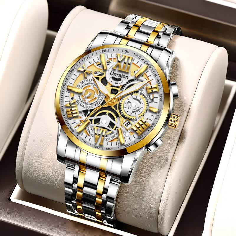 镂空全自动机械男士手表男潮防水夜光日历石英表 021间金白面
