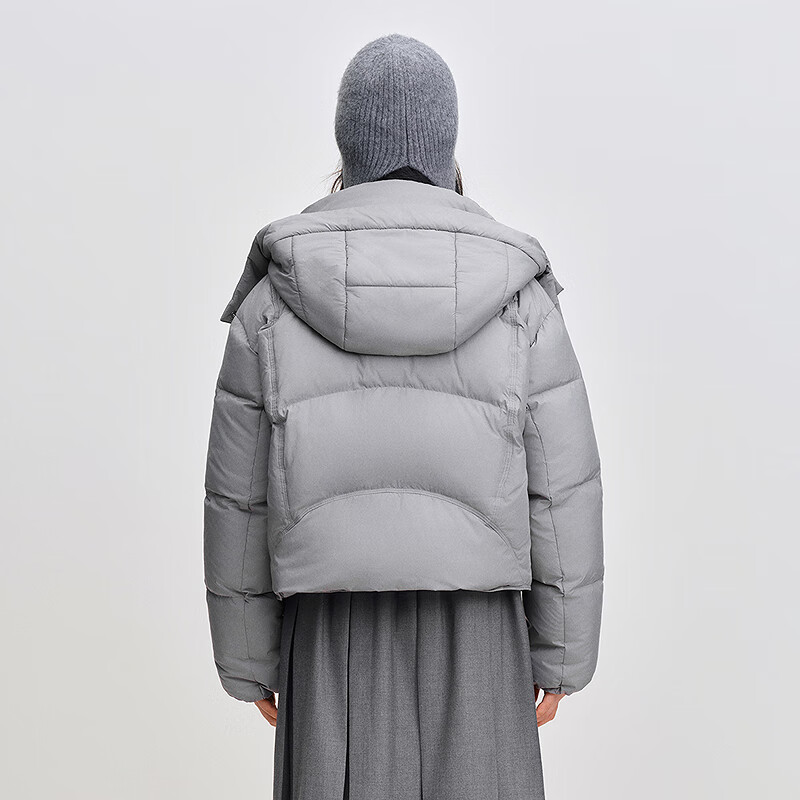 乐町连帽短款方格小面包羽绒服女2025冬季新款 银烛灰(现货) M
