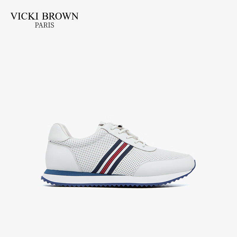 未毕(VICKI BROWN)法国品牌VB男鞋【胜利系列】新款透气网面休闲鞋潮流舒适条纹皮鞋 白色 43