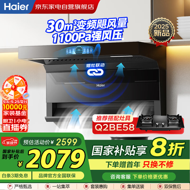 海尔（Haier）油烟机 顶侧双吸抽烟机 变频30立方大吸力家用油烟机 1100Pa风压 热熔自清洁 烟灶联动EC739UD