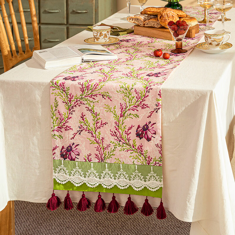 蜡笔派（Nabis）布查特桌旗蕾丝氛围感茶旗棉麻鞋柜斗柜盖布茶旗定制 布查特梅朵桌旗/棉麻款 40*220cm(适用于桌面长度160-180