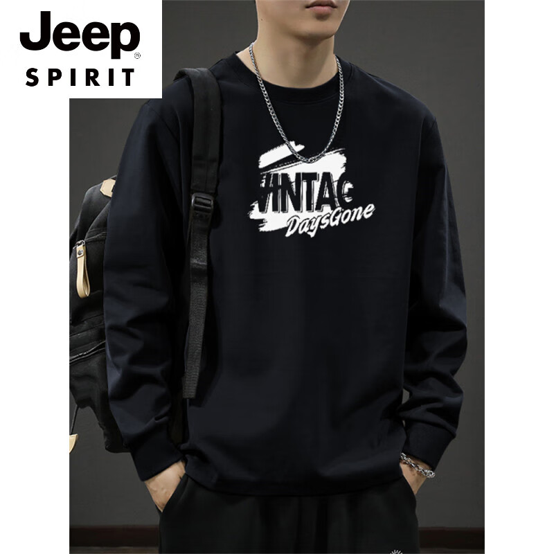 JEEP SPIRIT美式春秋季男士束口长袖t恤潮牌百搭休闲宽松纯棉男款上衣打底衫 卡其色束口长袖-2348 L 【建议125-150斤】