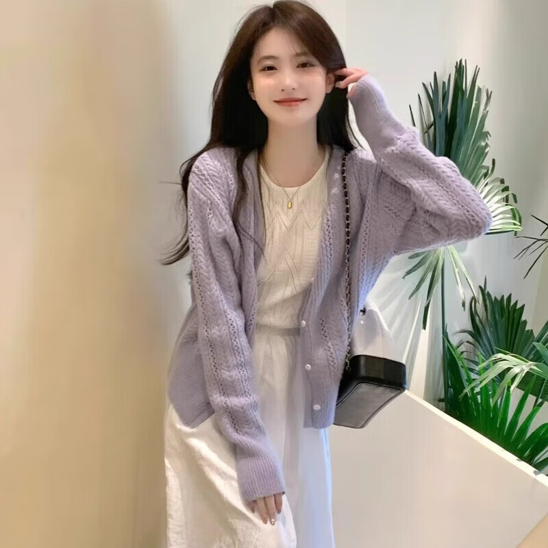 俞兆林紫色针织开衫外套女春秋季新款宽松慵懒风毛衣温柔甜美风短款上衣 浅紫色 【减龄显瘦百搭】 均码 【推荐80-140斤】