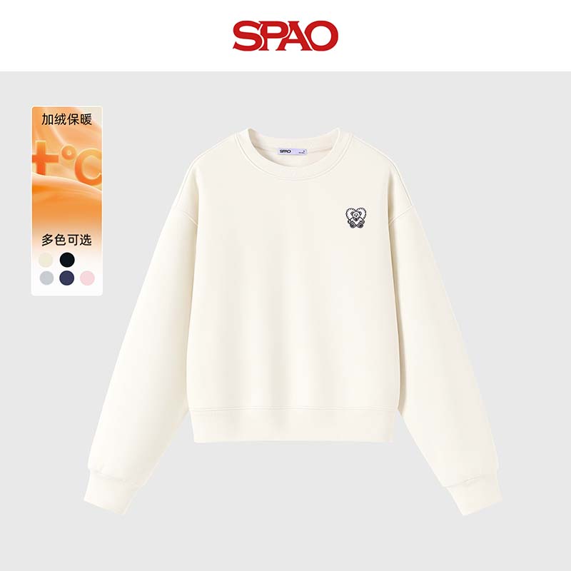 SPAO加绒保暖短款圆领长袖卫衣男2025冬季宽松百搭上衣SPWY25AW18XY 杏#SP心形小熊白-贴布绣 XL
