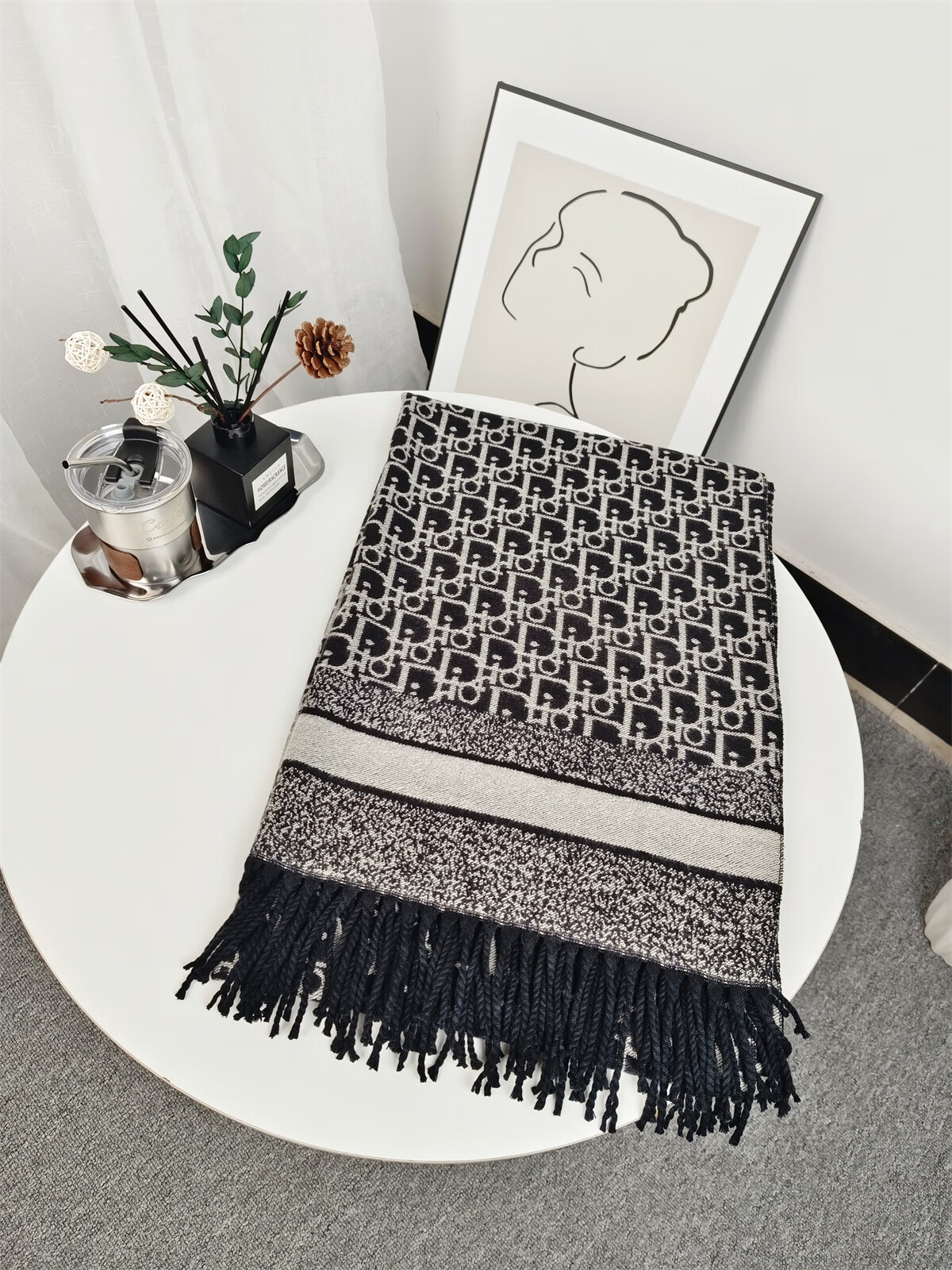 2024秋冬季新款仿羊绒围巾女士时尚百搭双面披肩字母保暖围脖流苏 黑色 180cm