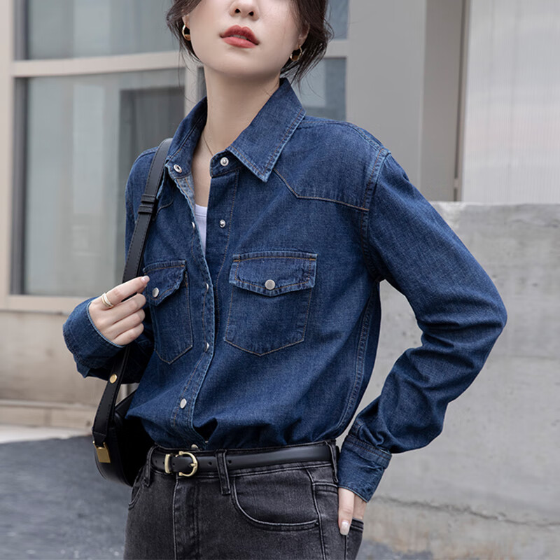 朔玉深蓝法式复古正肩牛仔衬衫女内搭叠穿秋冬2022年新款小个 深蓝色