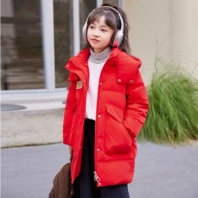 ABC KAIA新款冬季儿童羽绒服女童韩版洋气童装中大童中长款白鸭绒保暖外套 红色 160