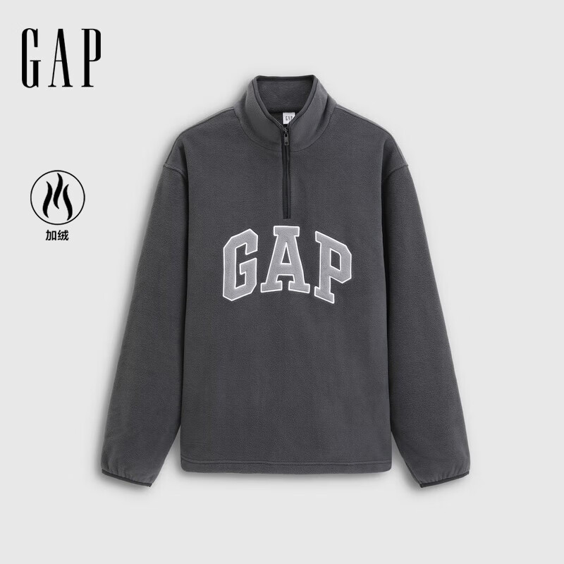 GAP男女装2025秋季logo摇粒绒半拉链立领卫衣787416 黑灰色 M (170/92A) 亚洲尺码