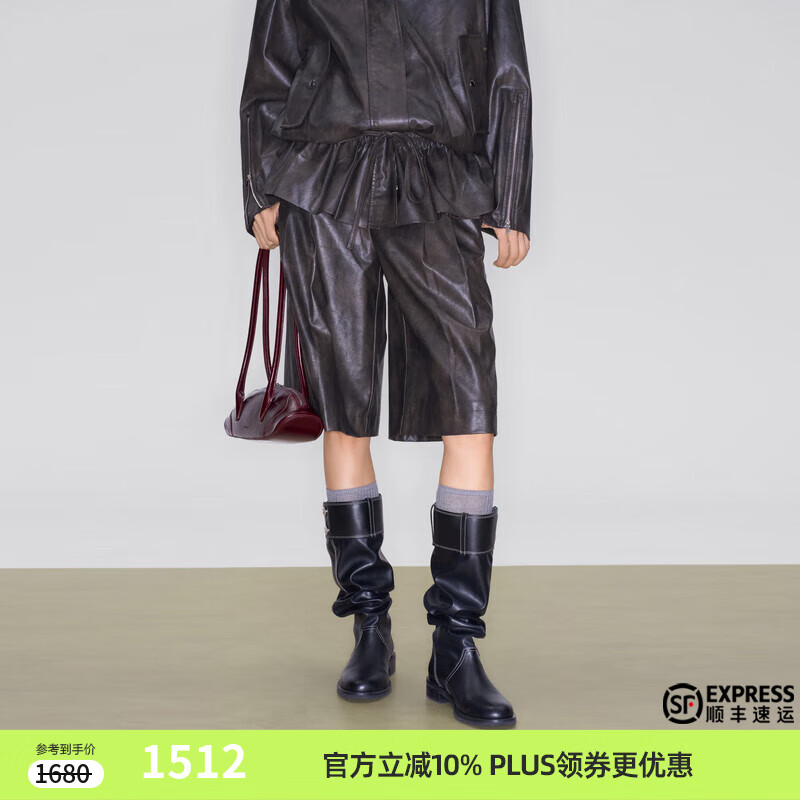 lost in echo2025早秋新款帅气宽松显瘦压褶A型宽松中长PU裤子女 褐色 L