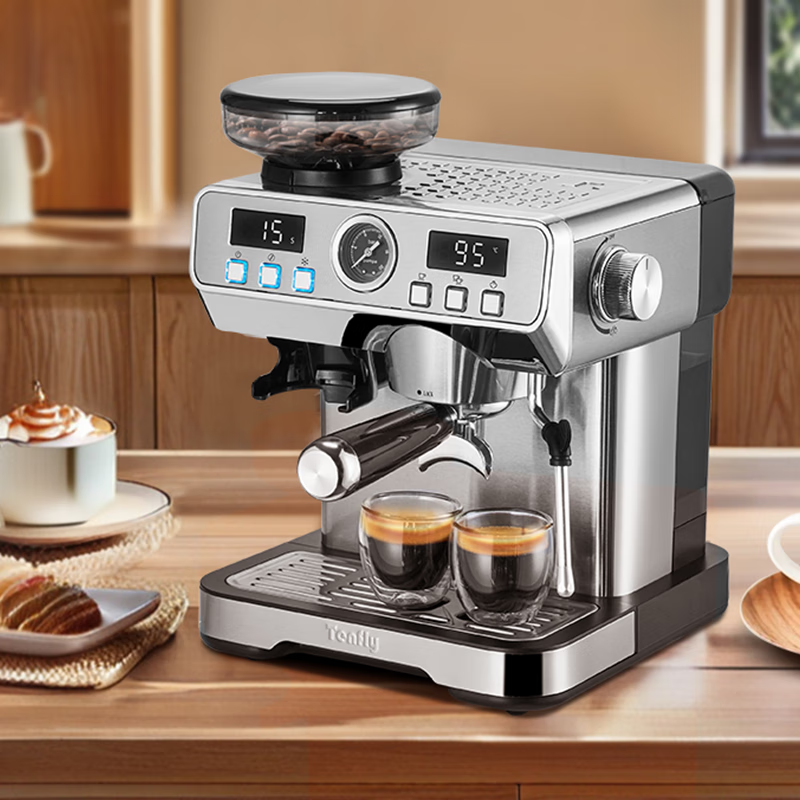 Tenfly半自动咖啡机意式浓缩20bar家用小型办公室蒸汽打奶泡复古性价比优选意大利咖啡机出口转内销 【研磨一体机】冷热双萃取+双屏显示
